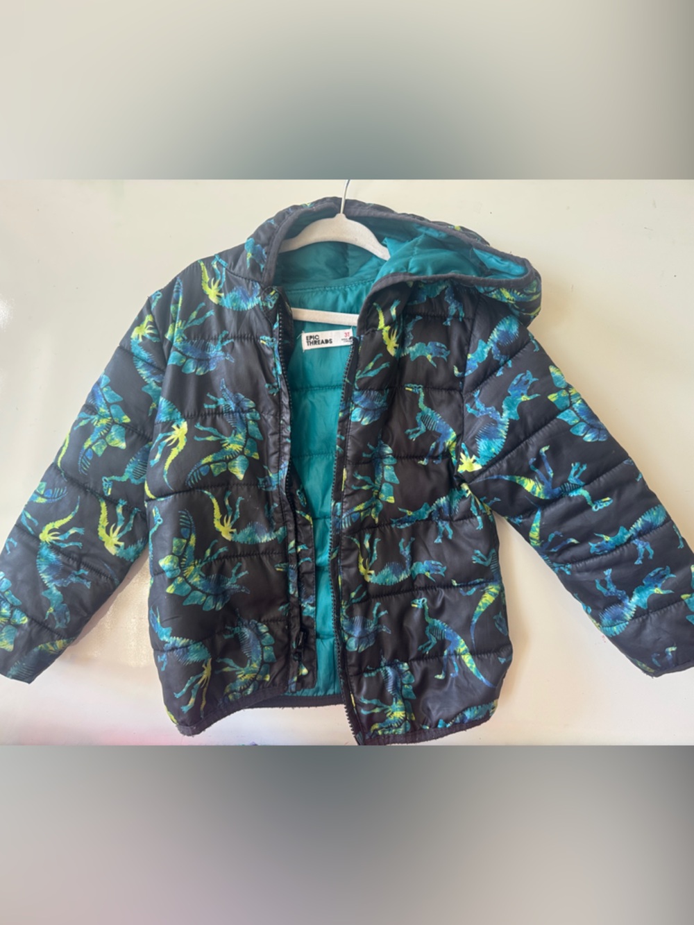 3T Kids Dinosaur Spring Puffer Jacket - Teal & Black